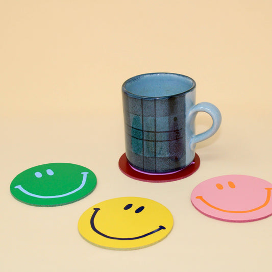Ark Happy Face Smilie Leather Coasters - Set of 4