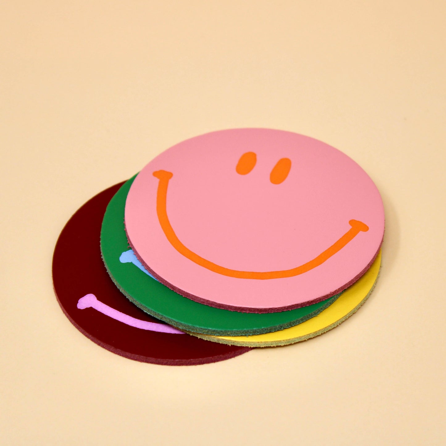 Ark Happy Face Smilie Leather Coasters - Set of 4