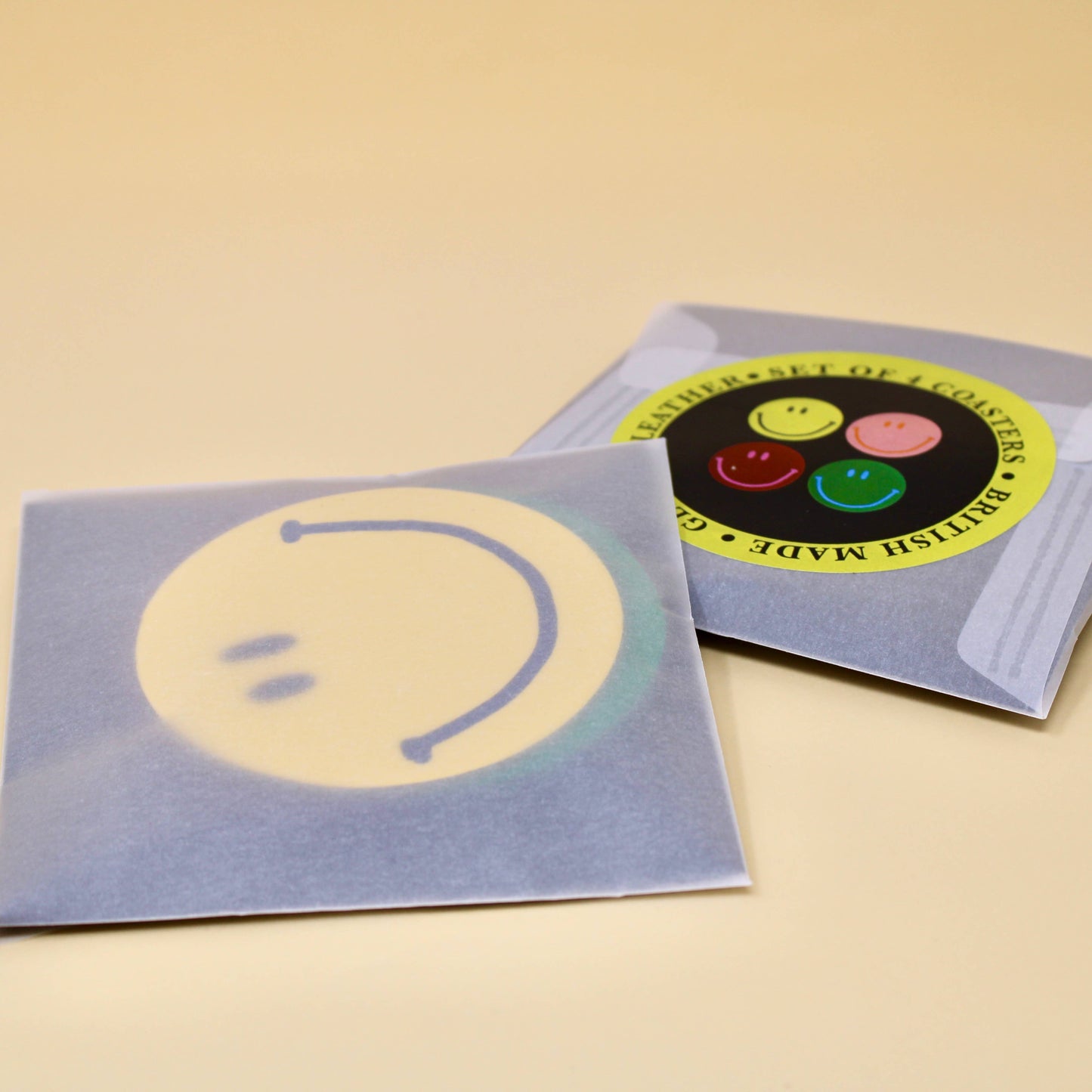 Ark Happy Face Smilie Leather Coasters - Set of 4
